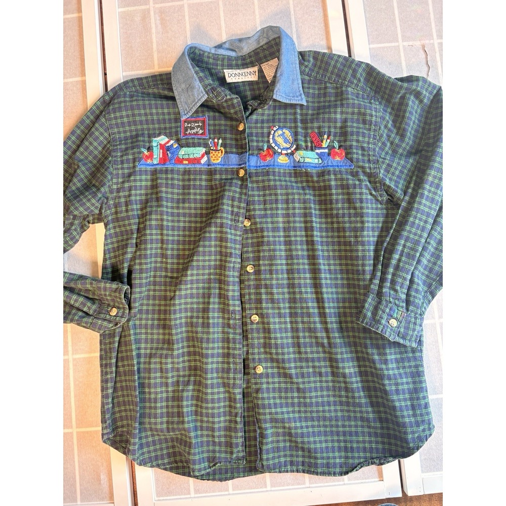 Vintage 90s Teacher School Kindergarten Embroidered Plaid Button Up Shirt Large